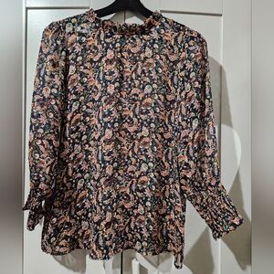 Dalia Navy Floral Paisley Blouse with Pink & Green Accents